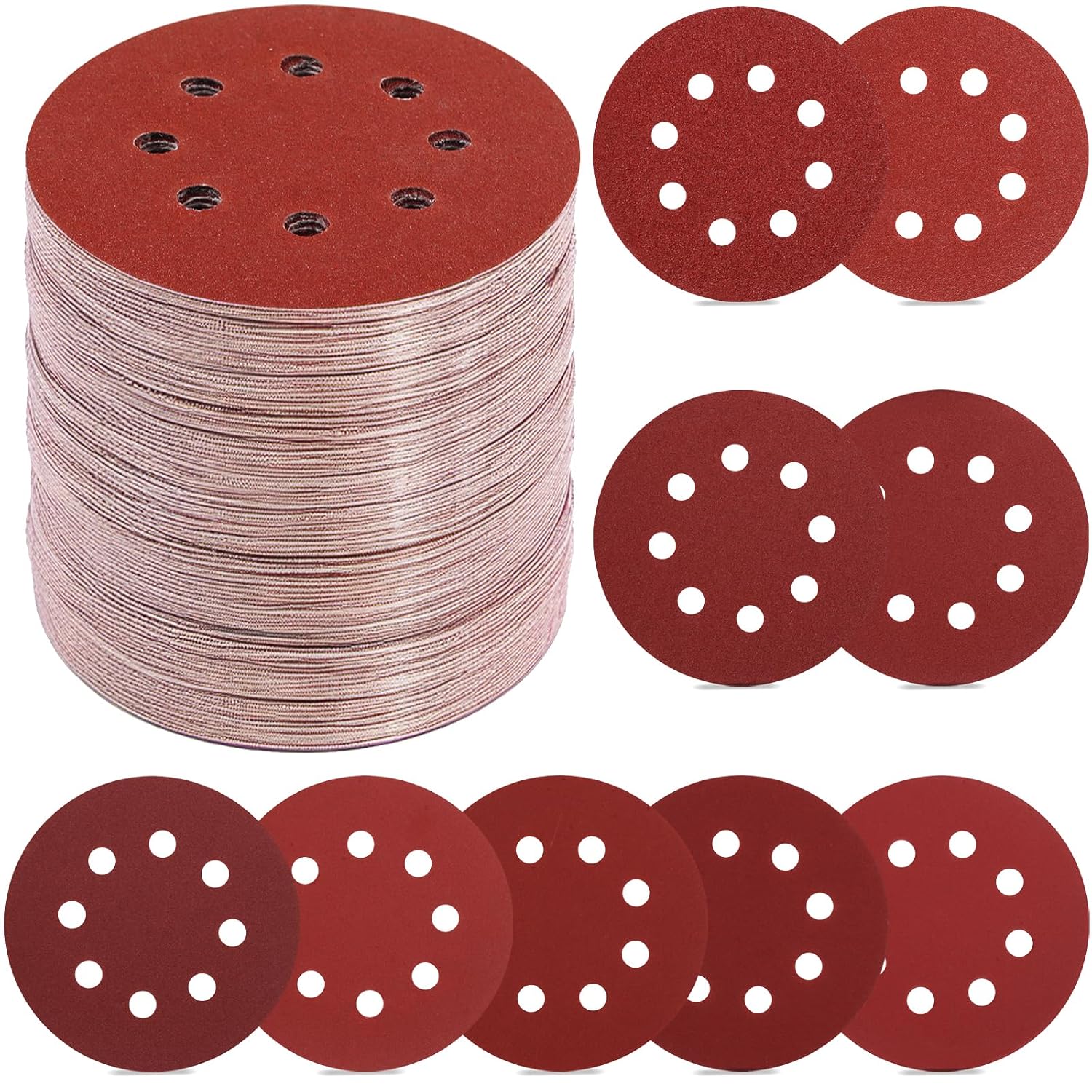 70 PCS 5 Inch 8-Hole Sanding Discs, 9 Mixed Grits | 40 80 120 180 240 320 400 600 800 Grit Hook and Loop Sandpaper
