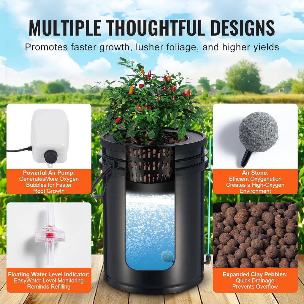 DWC Hydroponics Grow System, 5-Gallon Deep Water Culture with Top Drip Kit, Air Pump, Air Stone, Water Level Device