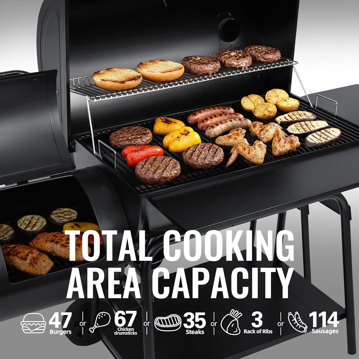 CC2036F Barrel Charcoal Grill with Offset Smoker, Outdoor BBQ Grill with 1200 Sq. In. Grilling Area for Large Event