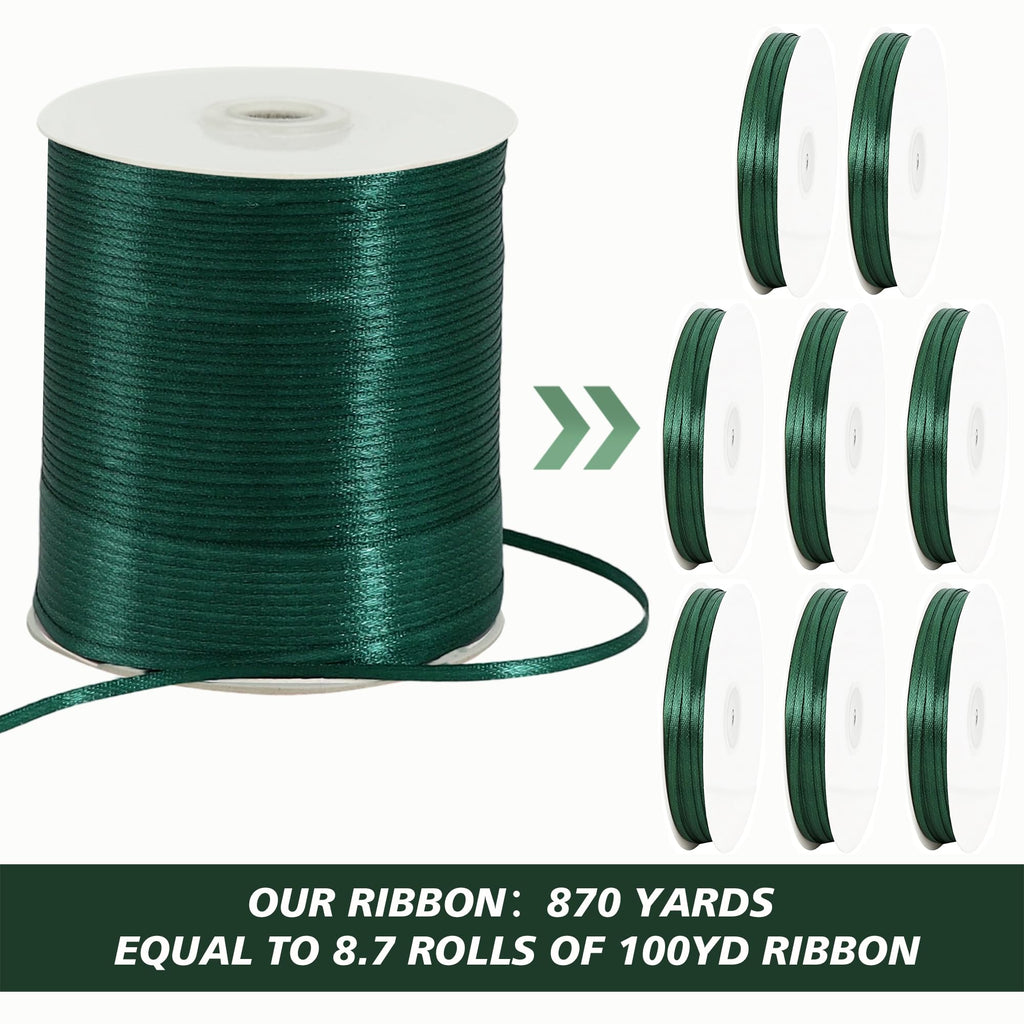 1/8 Inch 870yd Dark Green Thin Satin Ribbon String Gift Wrapping