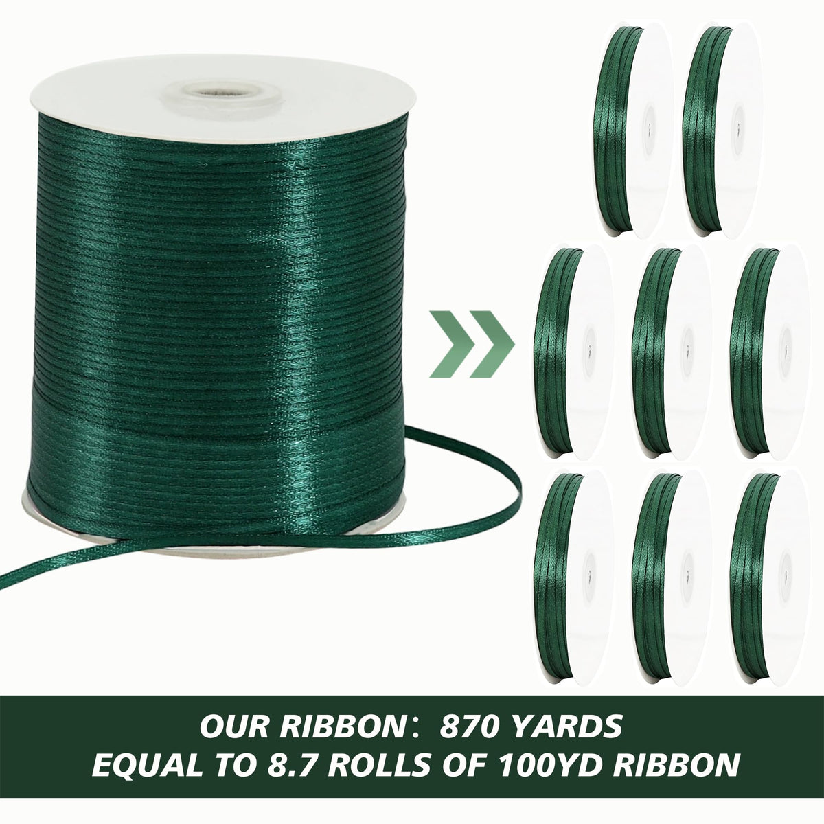 1/8 Inch 870yd Dark Green Thin Satin Ribbon String Gift Wrapping