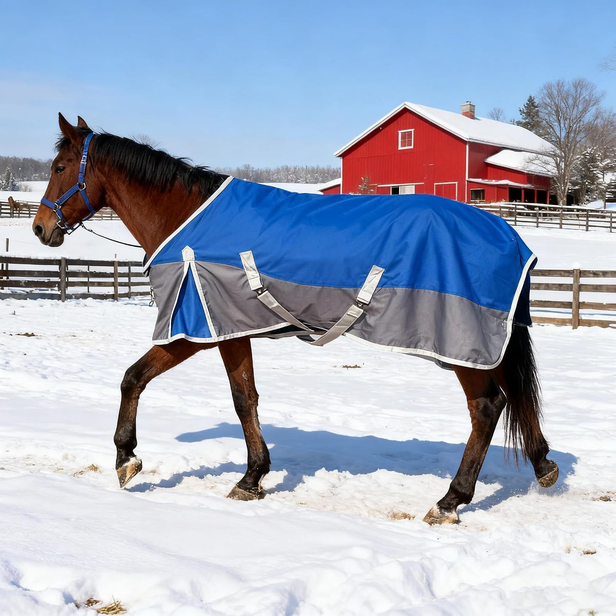 Horse Blanket for Winter, Waterproof, 1200D, 220g (Blue/Gray, 81 in)