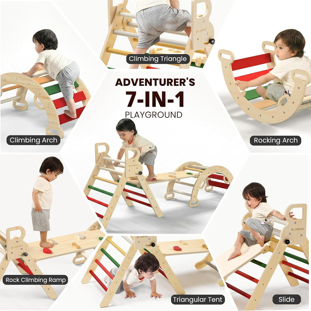 Pikler Triangle Set, Toddler Wooden Climbing Toys Indoor 7in1 Foldable Climber for Kids, Montessori Philosophy Play