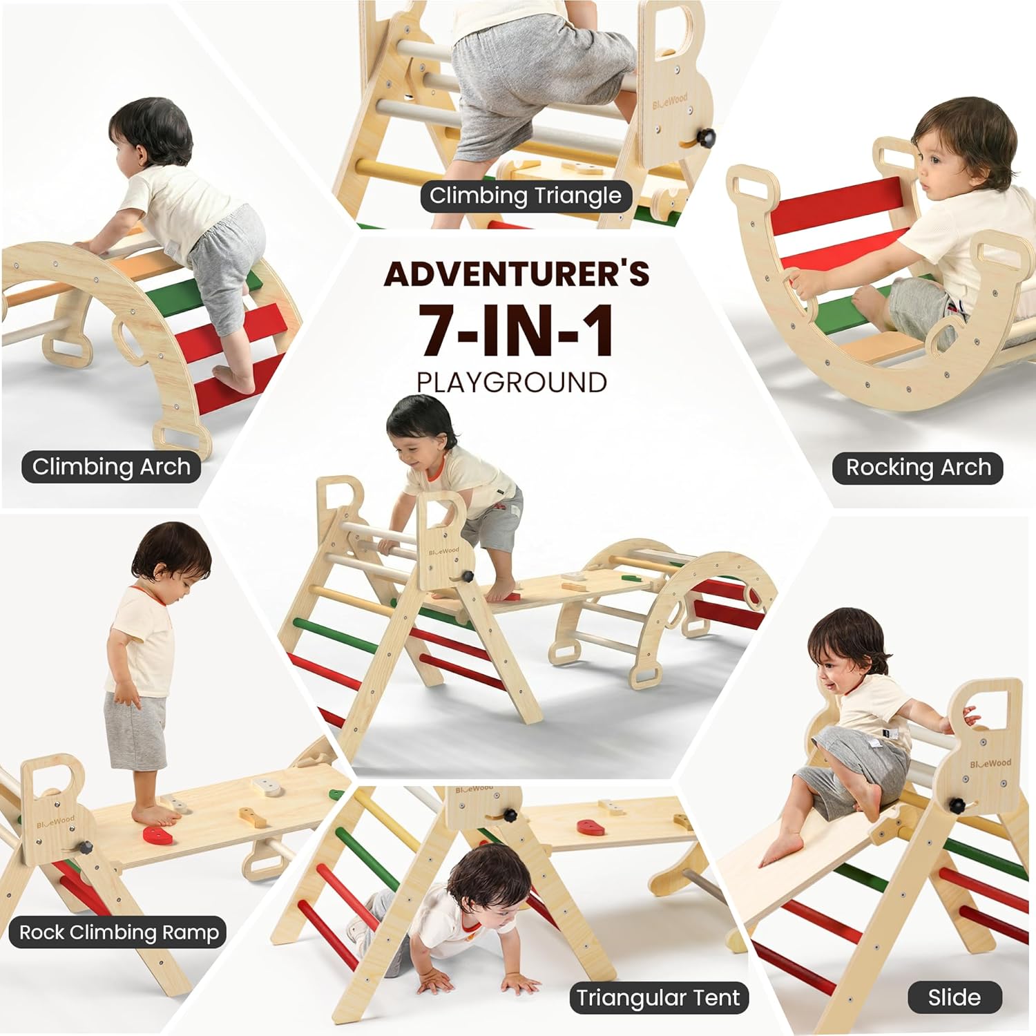 Pikler Triangle Set, Toddler Wooden Climbing Toys Indoor 7in1 Foldable Climber for Kids, Montessori Philosophy Play