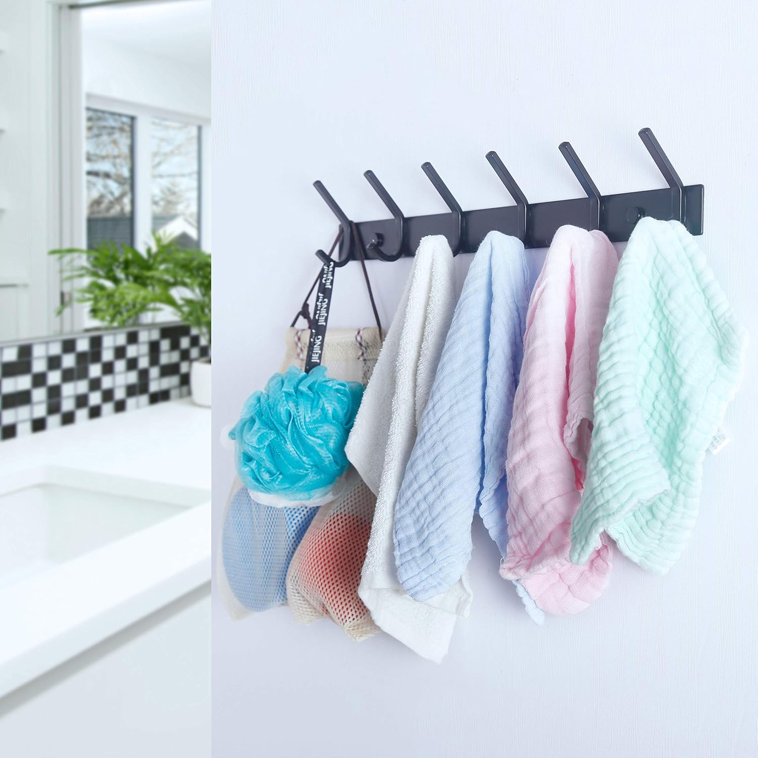 Coat Rack Wall Mounted,17-1/8 Inch Hooks for Hanging Coats,Heavy Duty Metal Hook Rail with 6 Double Dual Hooks Hanger