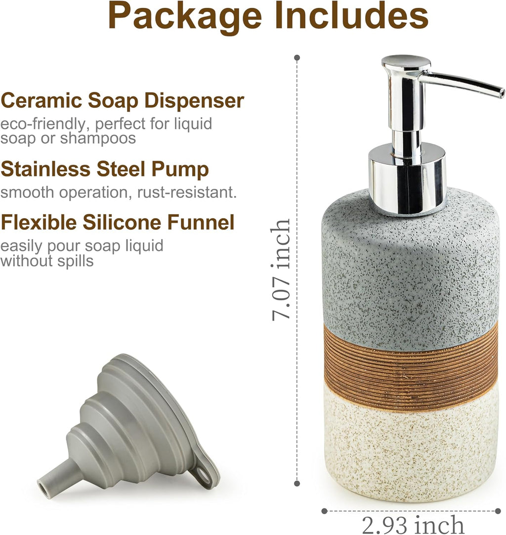 Ceramic Soap Dispenser Set for Hand Soap, Shampoo, Dish Soap, Conditioner, Bathroom & Kitchen, Stainless Steel Pump