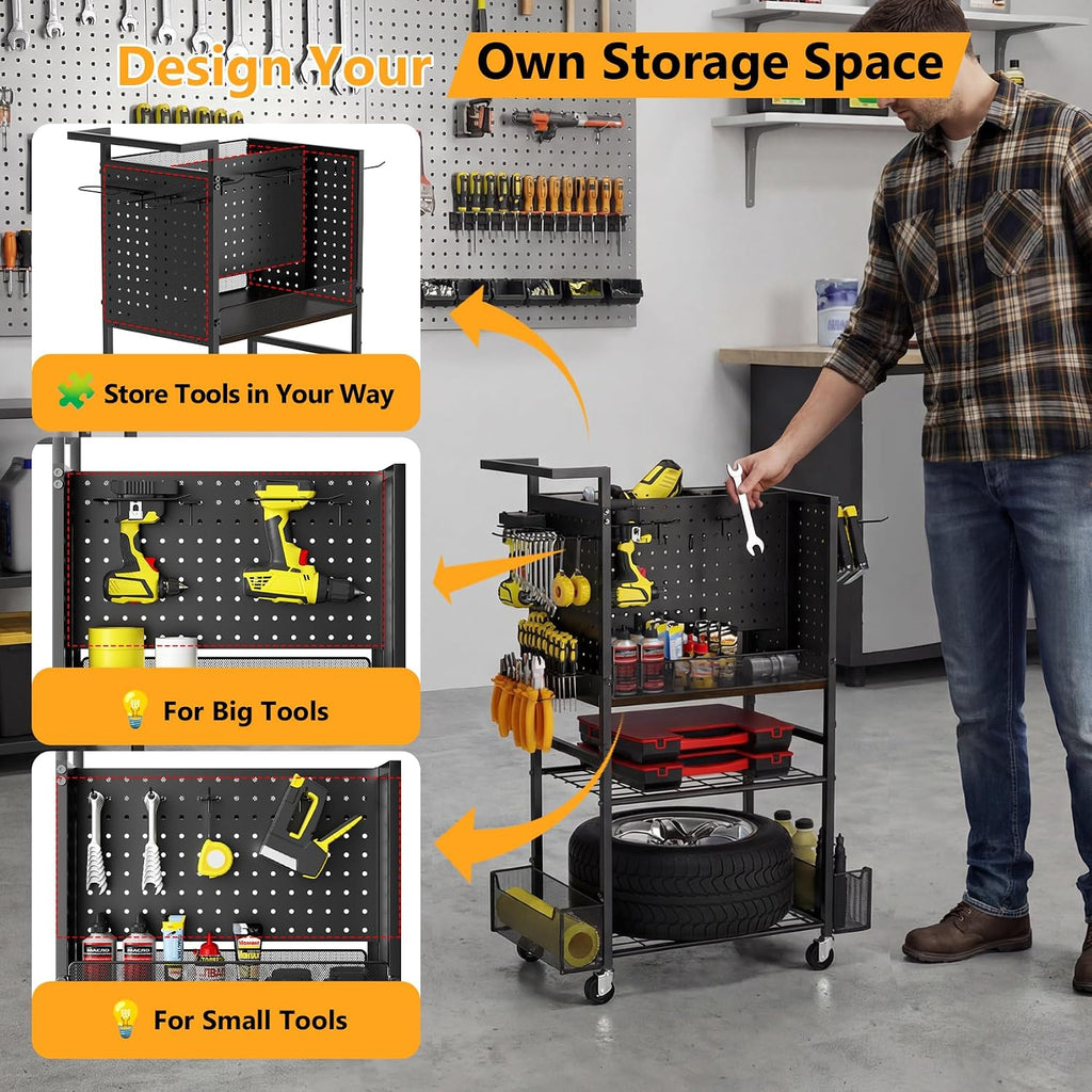 Tool Cart on Wheels, 4-Tier Metal Rolling Utility Cart with Pegboard & Storage Baskets, 242.5 lbs Heavy Duty Tool
