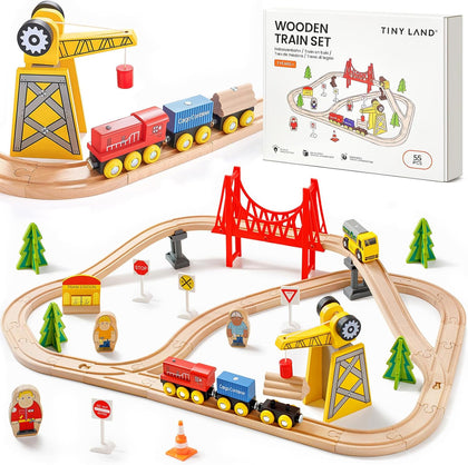 55PCS Wooden Train Set, Durable Wooden Railway Tracks | Compatible with Major Brand Tracks, Educational Toy for