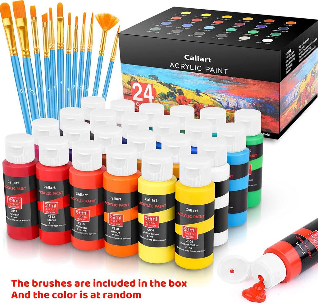 Acrylic Paint Set with 12 Brushes, 24 Colors Wood Craft Paints for Adults Kids Artists Beginners, Rich Pigments