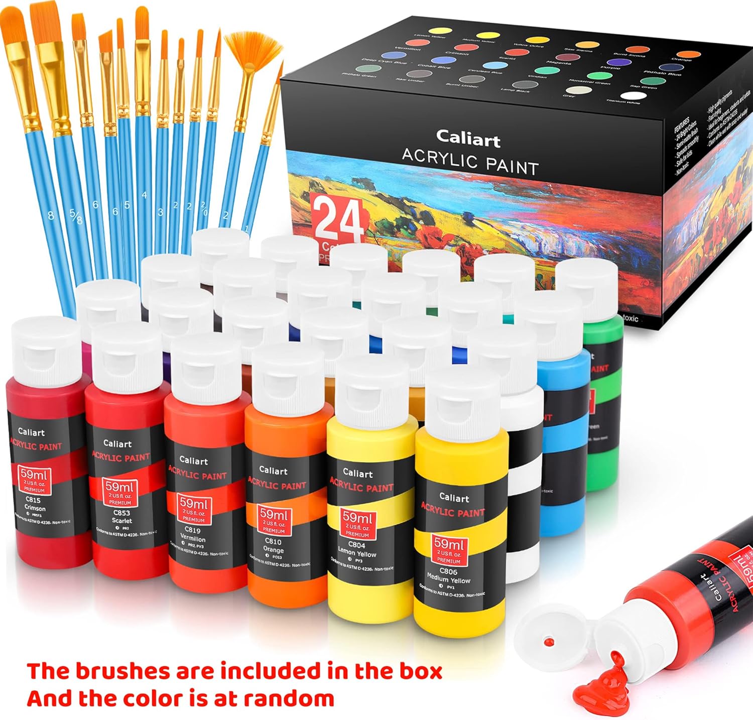 Acrylic Paint Set with 12 Brushes, 24 Colors Wood Craft Paints for Adults Kids Artists Beginners, Rich Pigments