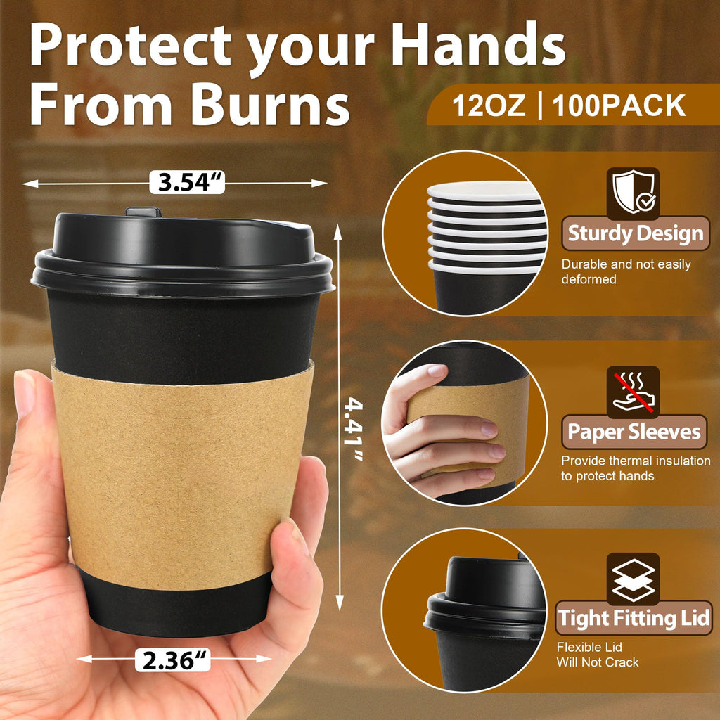 500 Pack 12 oz Disposable Coffee Cups with Lids and Sleeves(Black)
