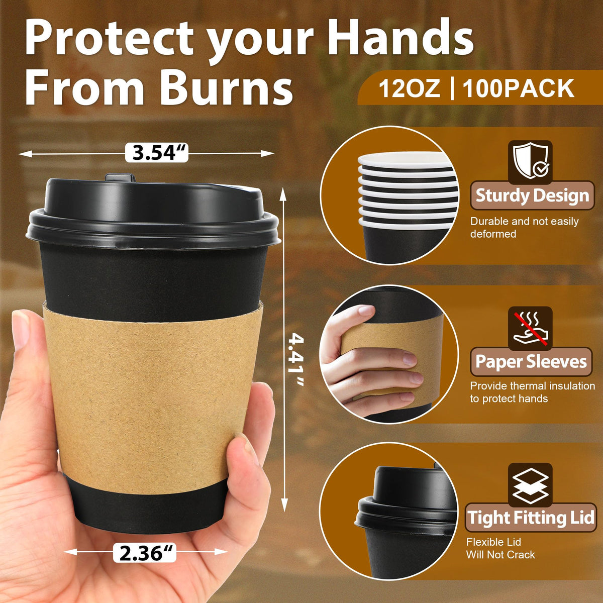 500 Pack 12 oz Disposable Coffee Cups with Lids and Sleeves(Black)