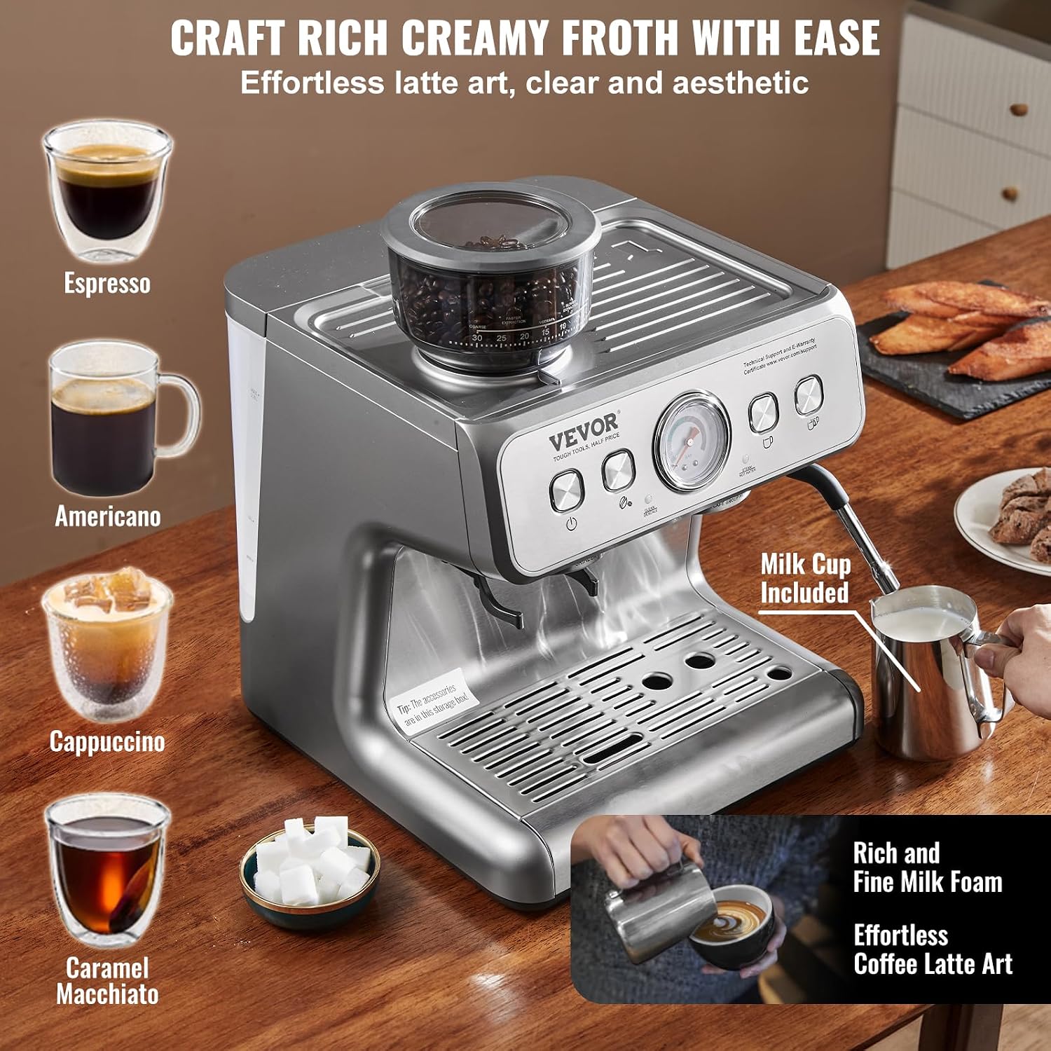 Espresso Machine Built-in Grinder, 15 Bar Semi-Automatic Espresso Coffee Maker with Milk Frother Steam Wand, PID