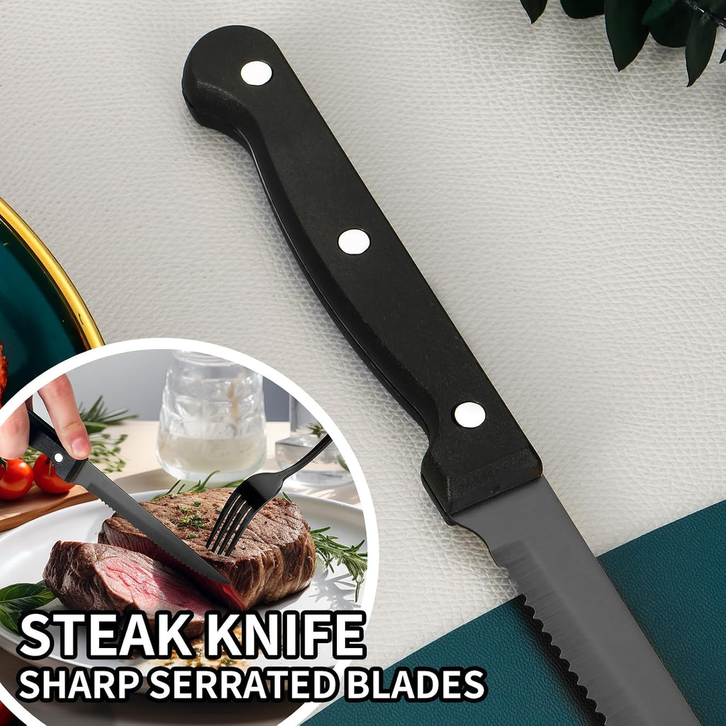 60-Piece Black Silverware Set with Steak Knives Black Stainless Steel Flatware Set for 10 Food Grade Tableware