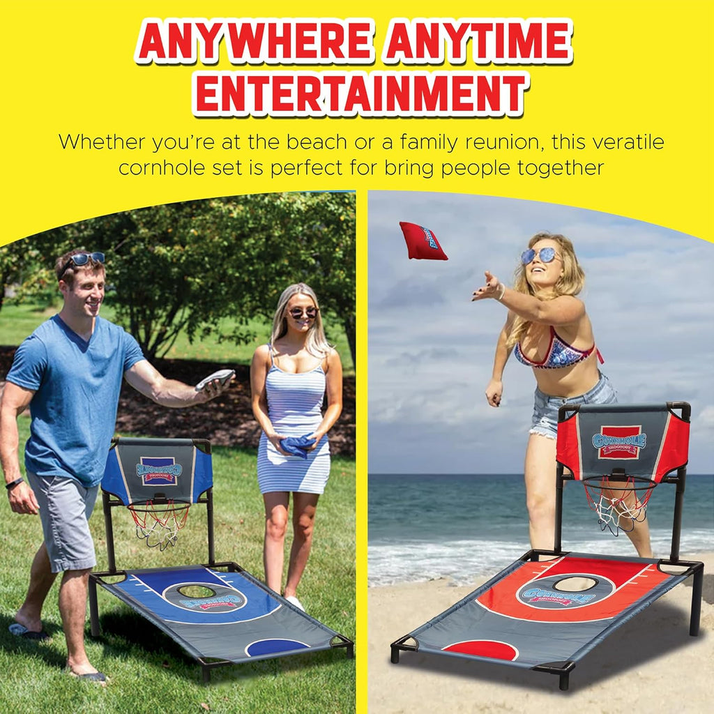 Sports Basketball Net Cornhole Board Set, Basketball & Cornhole in One, Includes 8 Red/Blue Bean Bags, Convenient
