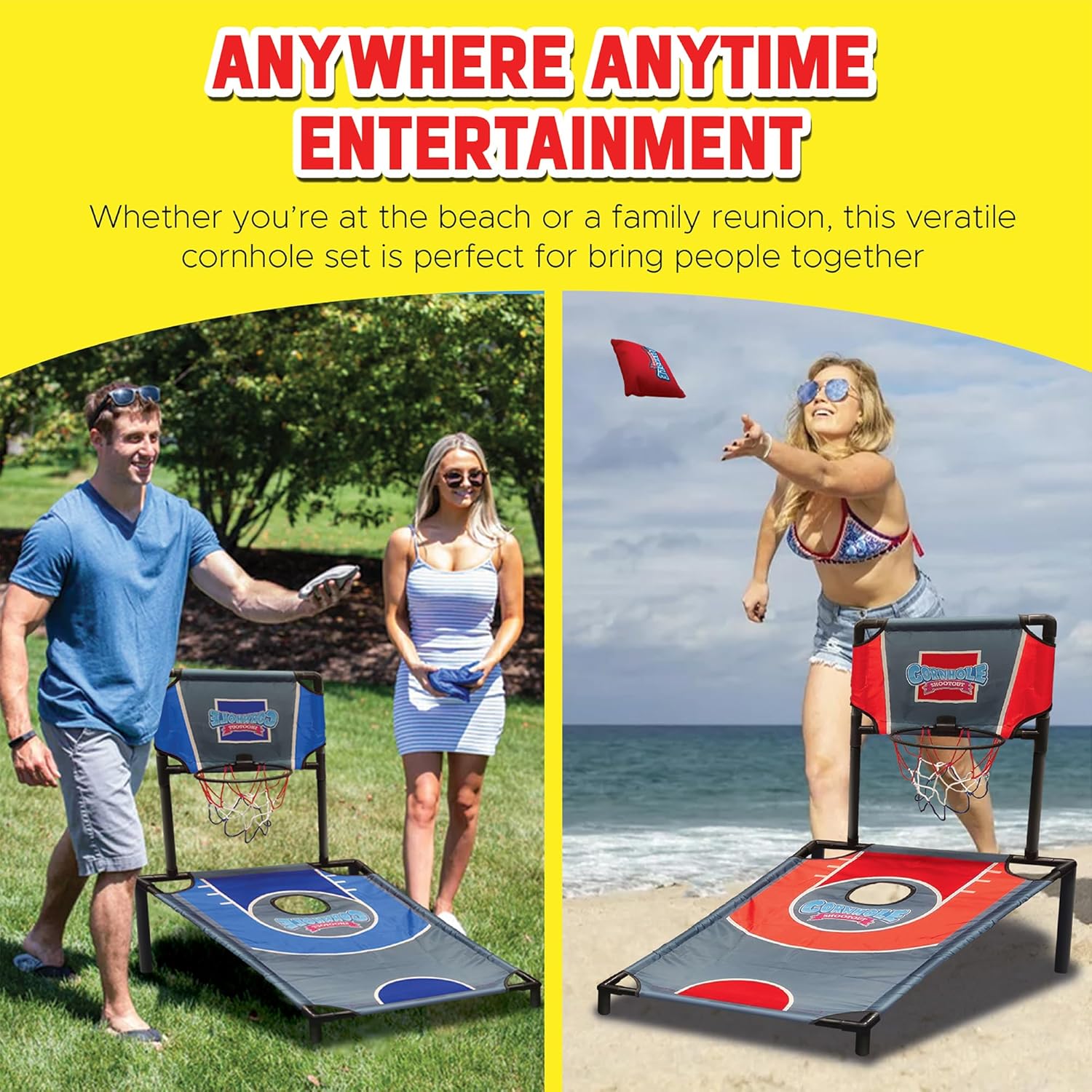 Sports Basketball Net Cornhole Board Set, Basketball & Cornhole in One, Includes 8 Red/Blue Bean Bags, Convenient