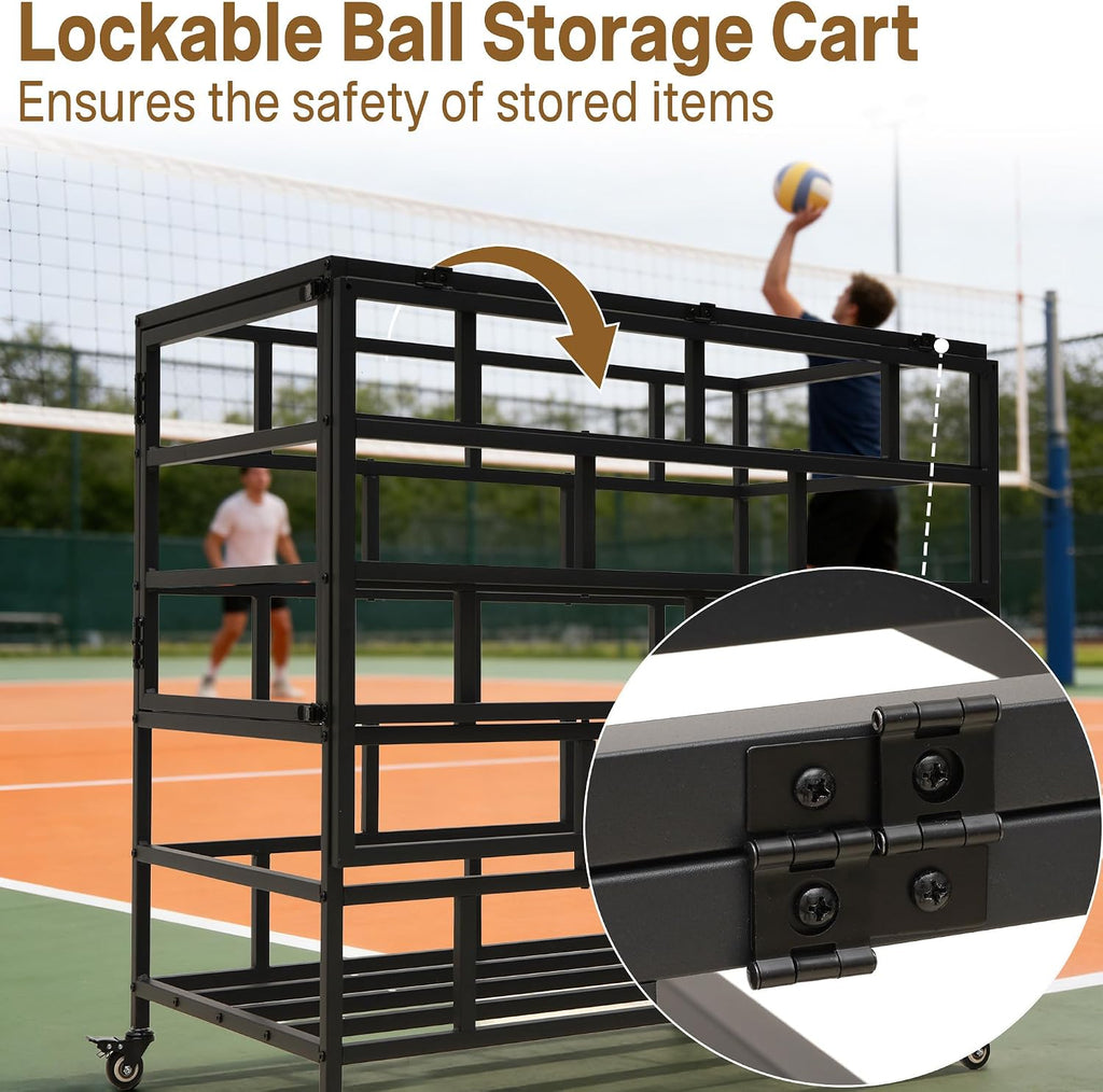 Ball Storage Cart, Lockable Rolling Basketball Storage Bin | Ball Organizer with Wheels, Secure Sports Exercise Ball