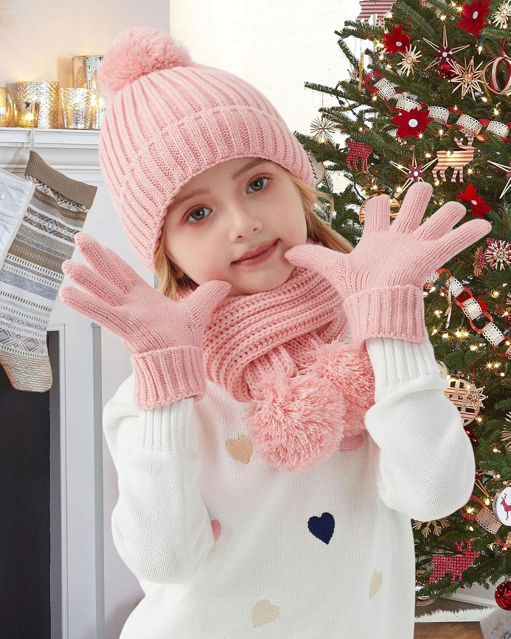Kids Winter Hat Scarf Gloves Set - Girls Boys Fleece Lined Beanie Hat with Pom Knit Scarf Warm Mittens for Children