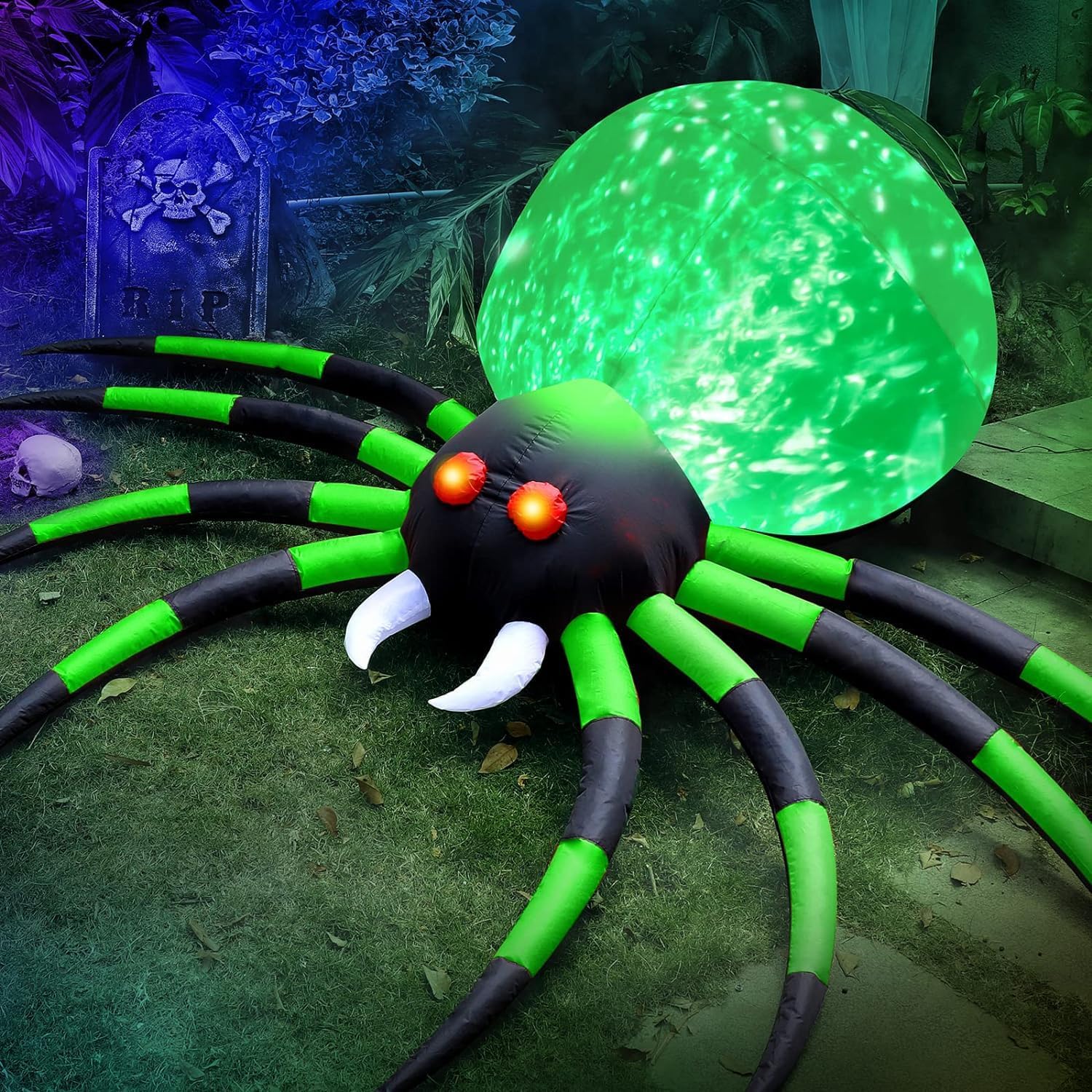 8 FT Halloween Inflatables Spider Outdoor Decorations for Yard, Giant Blow up Green Spider with Rotating Fire Flame