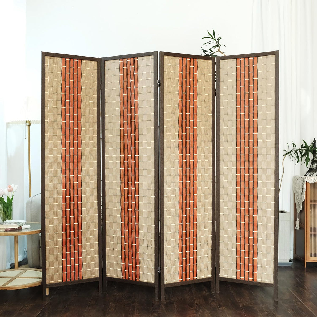 Furnnylane 4 Panel Rattan Room Divider, Beige Orange Folding Privacy Screen