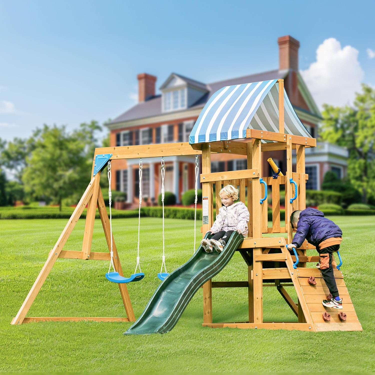 Wooden Swing Set for Backyard, All-in-One Kids Outdoor Play Equipment with Swings, Slide, Climbing Rope Ladder