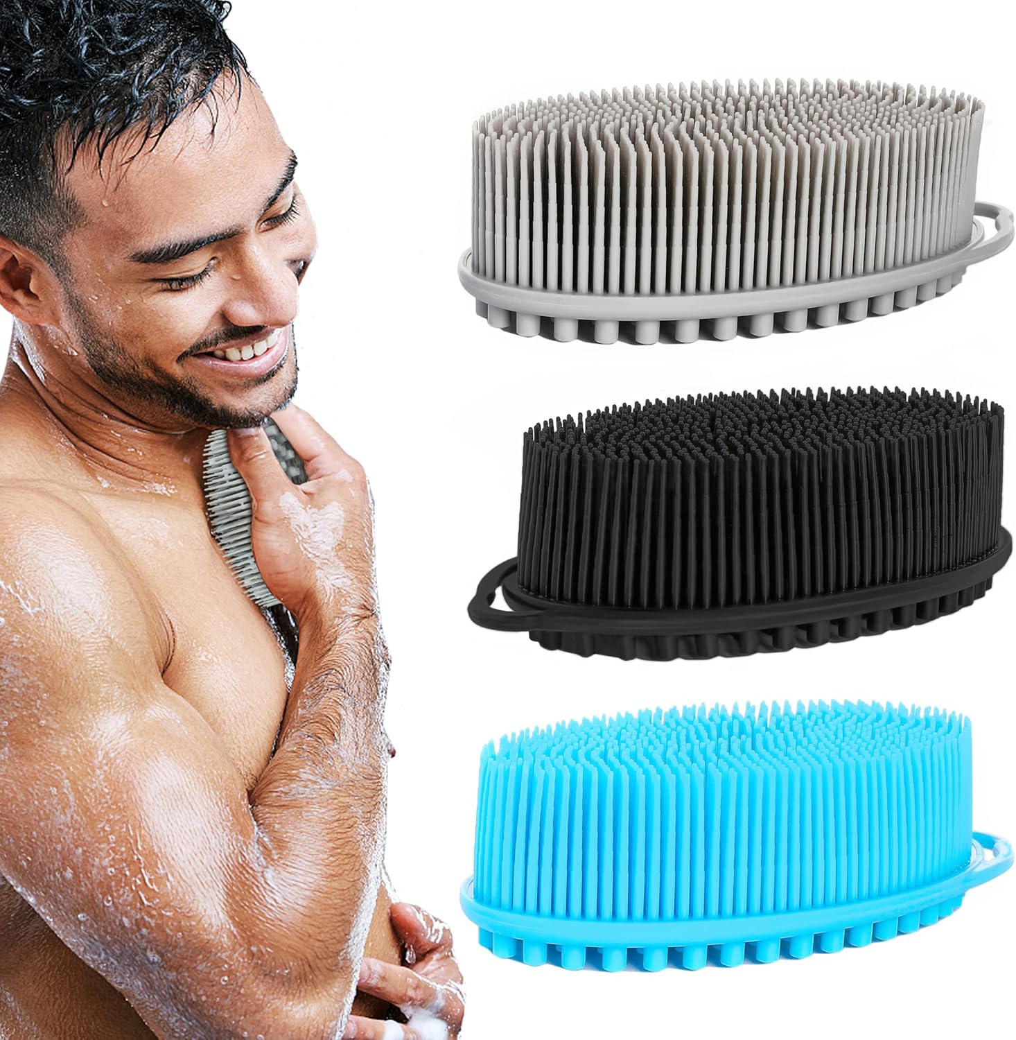 Set of 3 Silicone Body Scrubber Loofah Soft Exfoliating Body Bath Shower Scrubber Loofsh Brush (Black+Gray+Blue 010)
