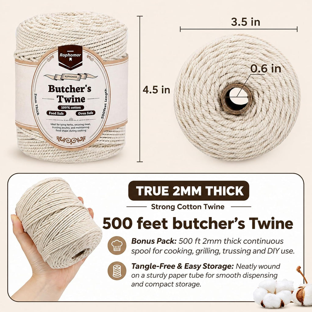 Thick Butcher's Twine,100% Cotton,500 Feet,2mm, Food Safe,Oven Safe, Kitchen Cooking String for Meat and Poultry