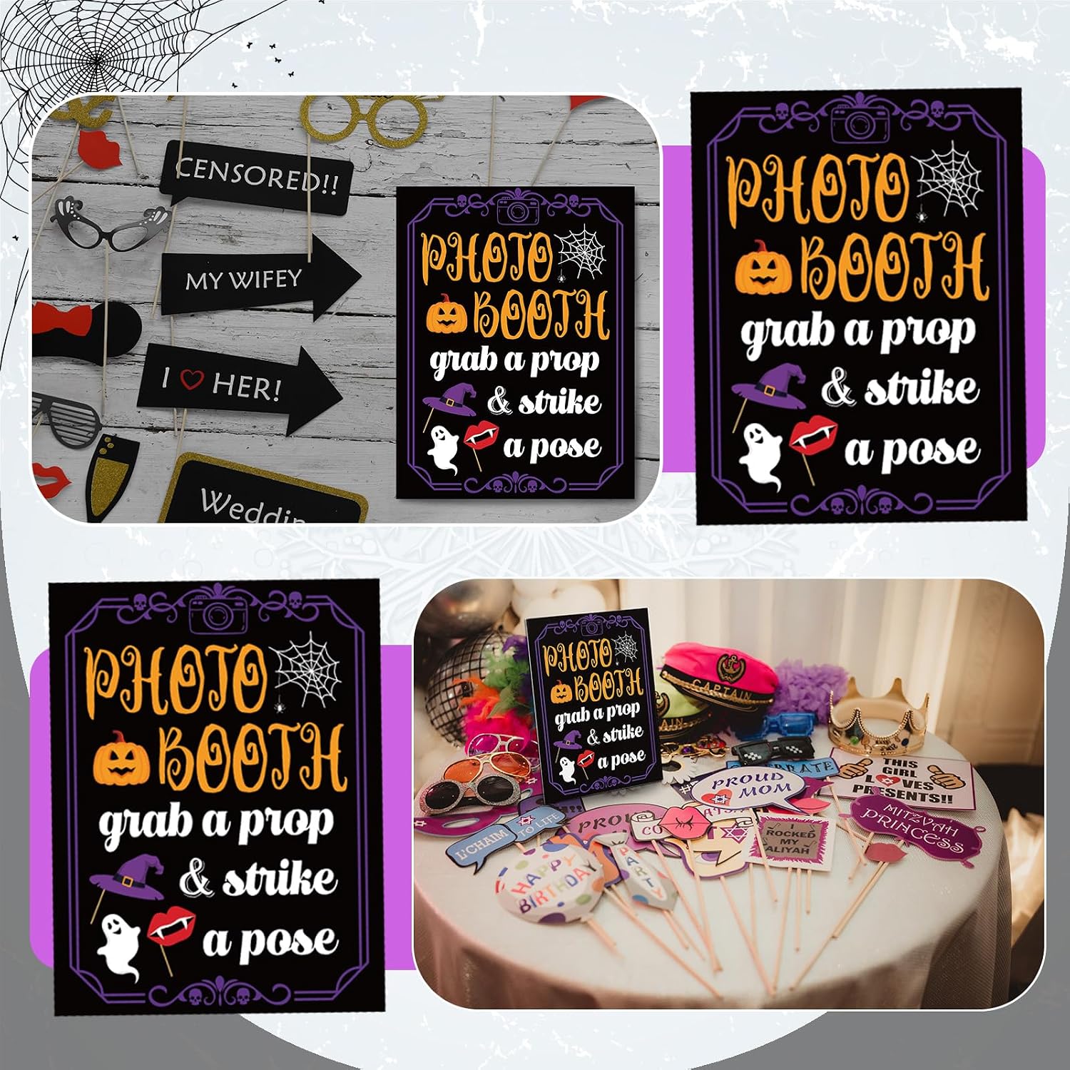 Photo Booth Sign with Stand Retro Background Table for Halloween Indoor and Outdoor Party Theme Event Photography
