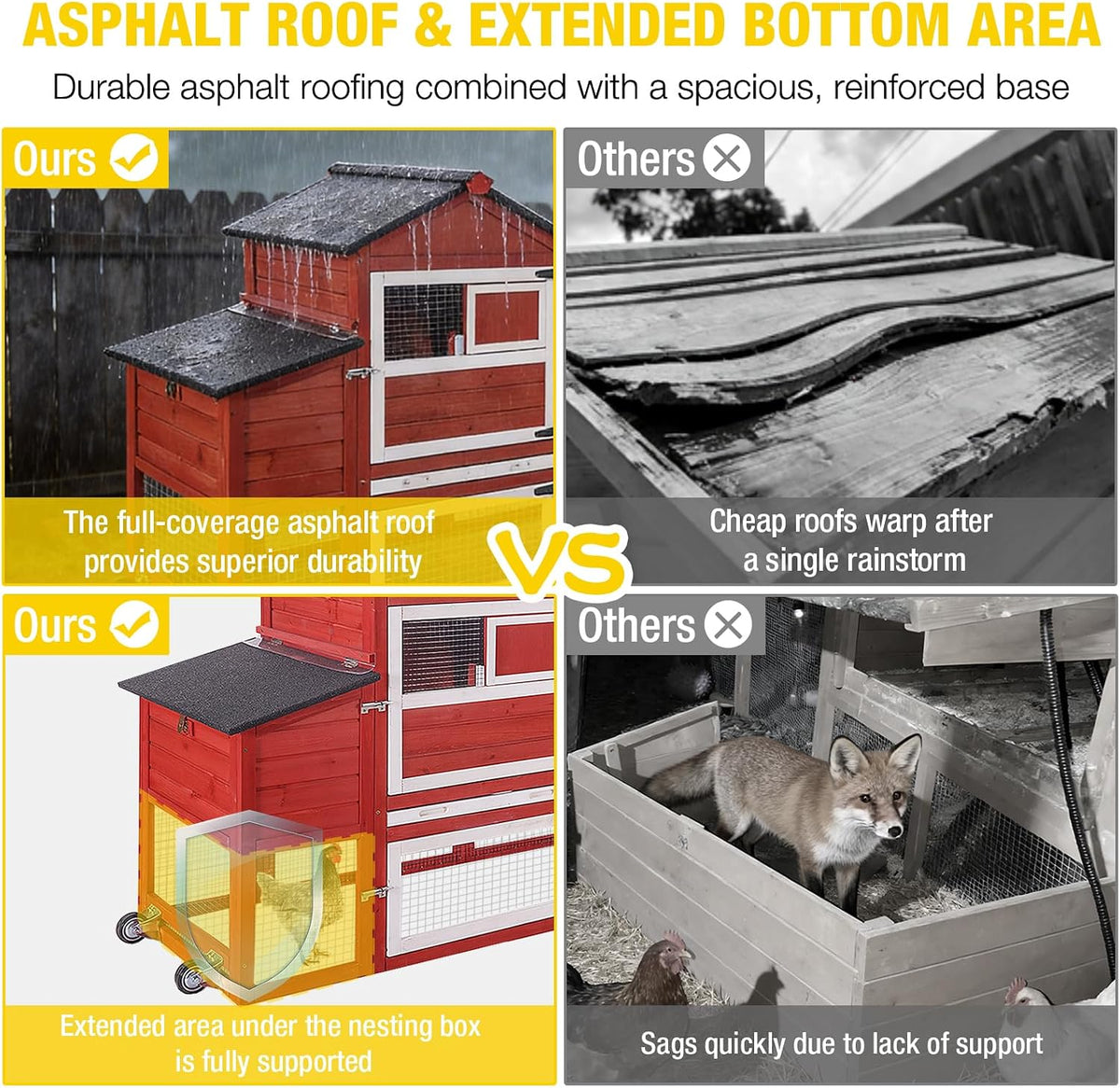 Large Chicken Coop with Wheels, Outdoor Hen House Mobile Poultry Cage with Run, Weatherproof Asphalt Roof