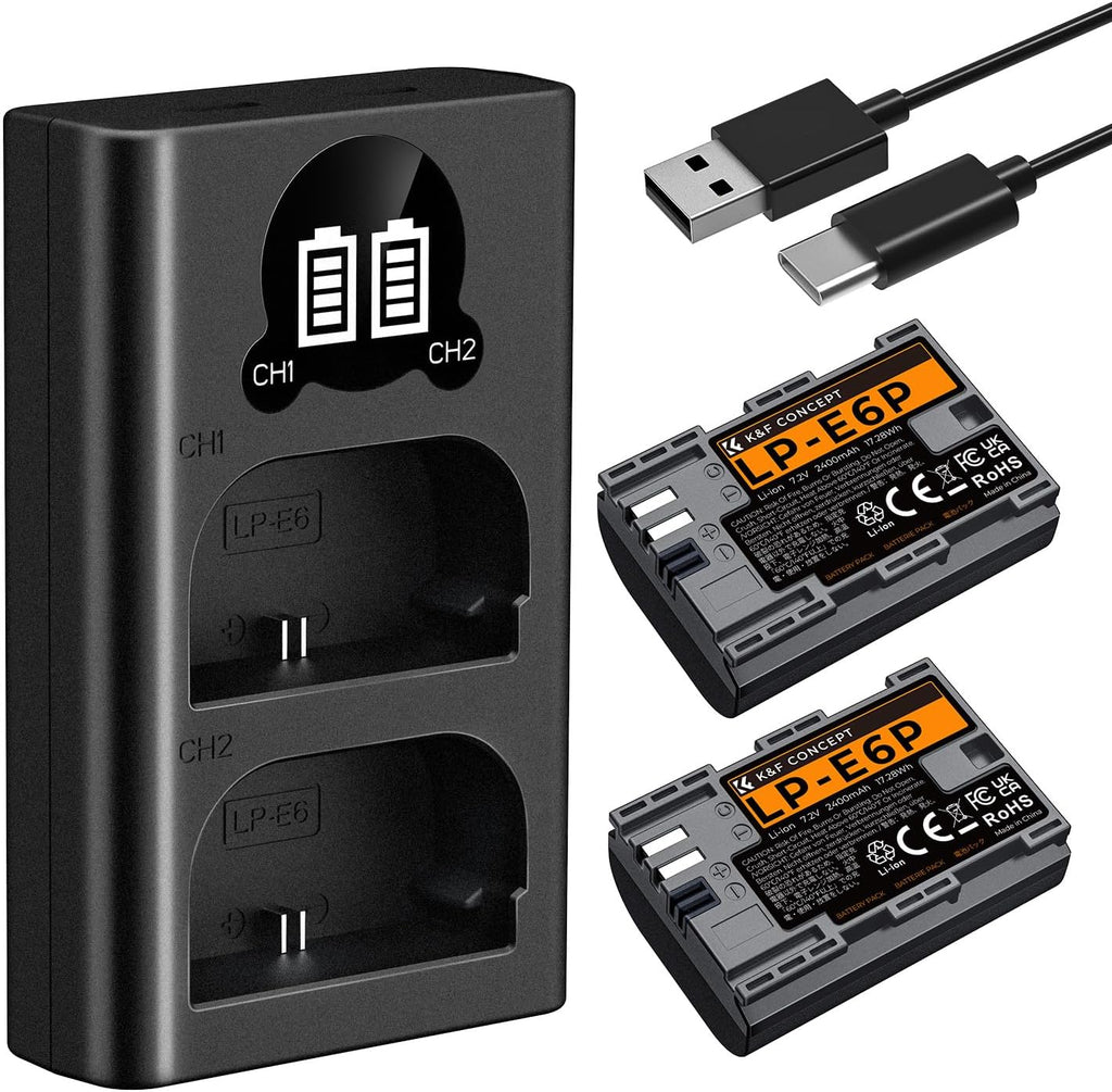LP-E6P Battery and Dual Slot USB Charger, 2-Pack 2400mAh Real Capacity, Compatible with Canon EOS R6 Mark II/III, R5