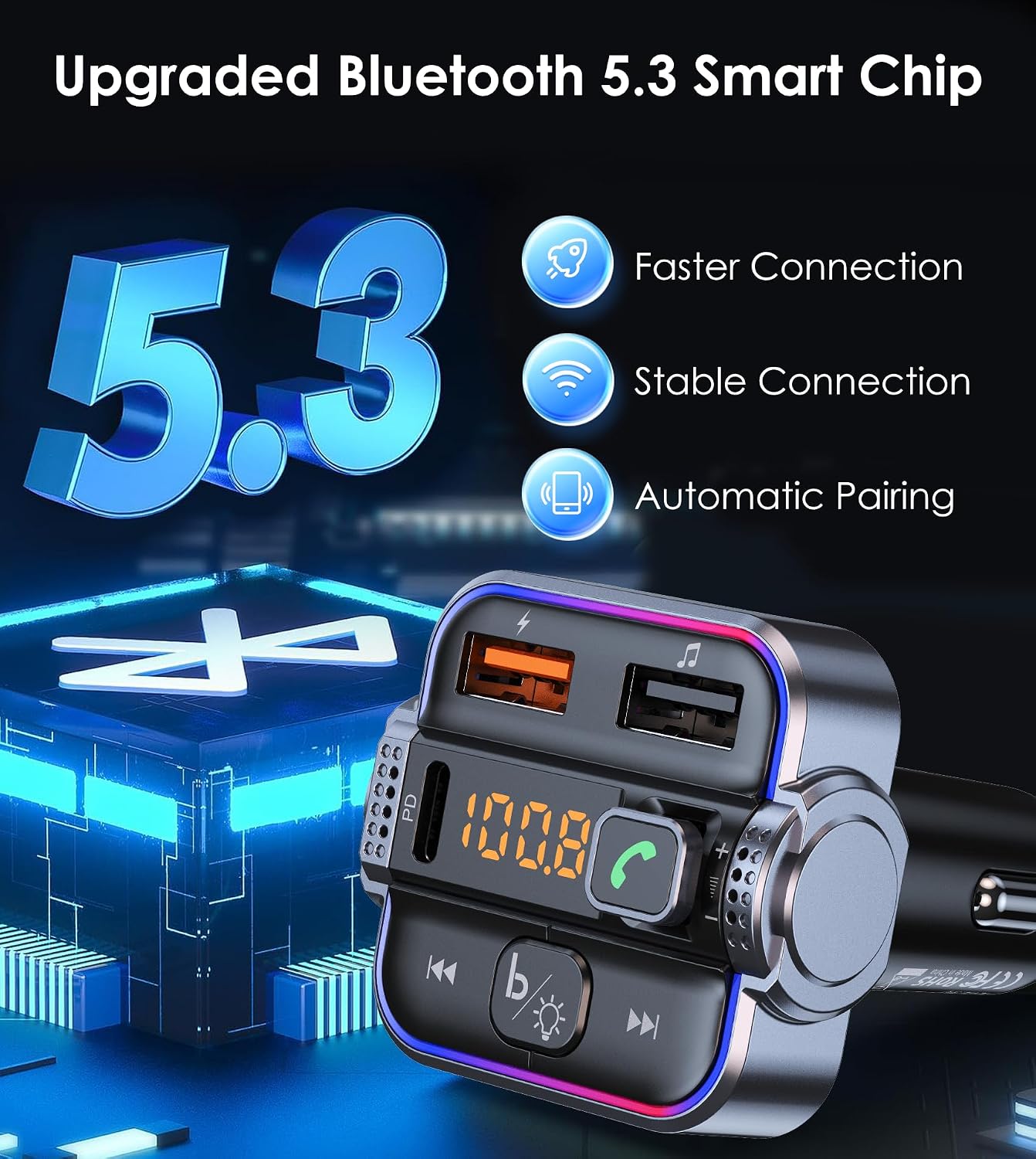 Bluetooth FM Transmitter for Car PD 30W & QC3.0 Fast Charging | Dual Mics Hands-Free Calling, Bluetooth Car Radio