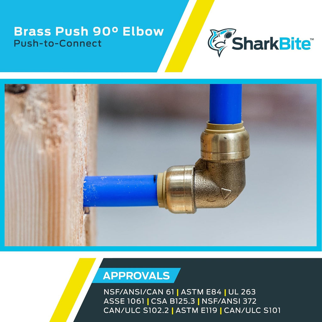 SharkBite 3/4 Inch 90 Degree Elbow, Push to Connect Brass Plumbing Fitting, PEX Pipe, Copper, CPVC, PE-RT, HDPE, U256LFA