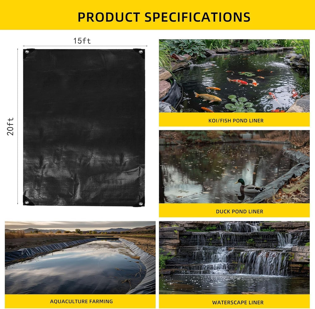 Pond Liner,15x20Ft Pond Liners for Outdoor,28Mil PE Black Koi Fish Pond Liner,Reinforced Pond Underlayment for Water