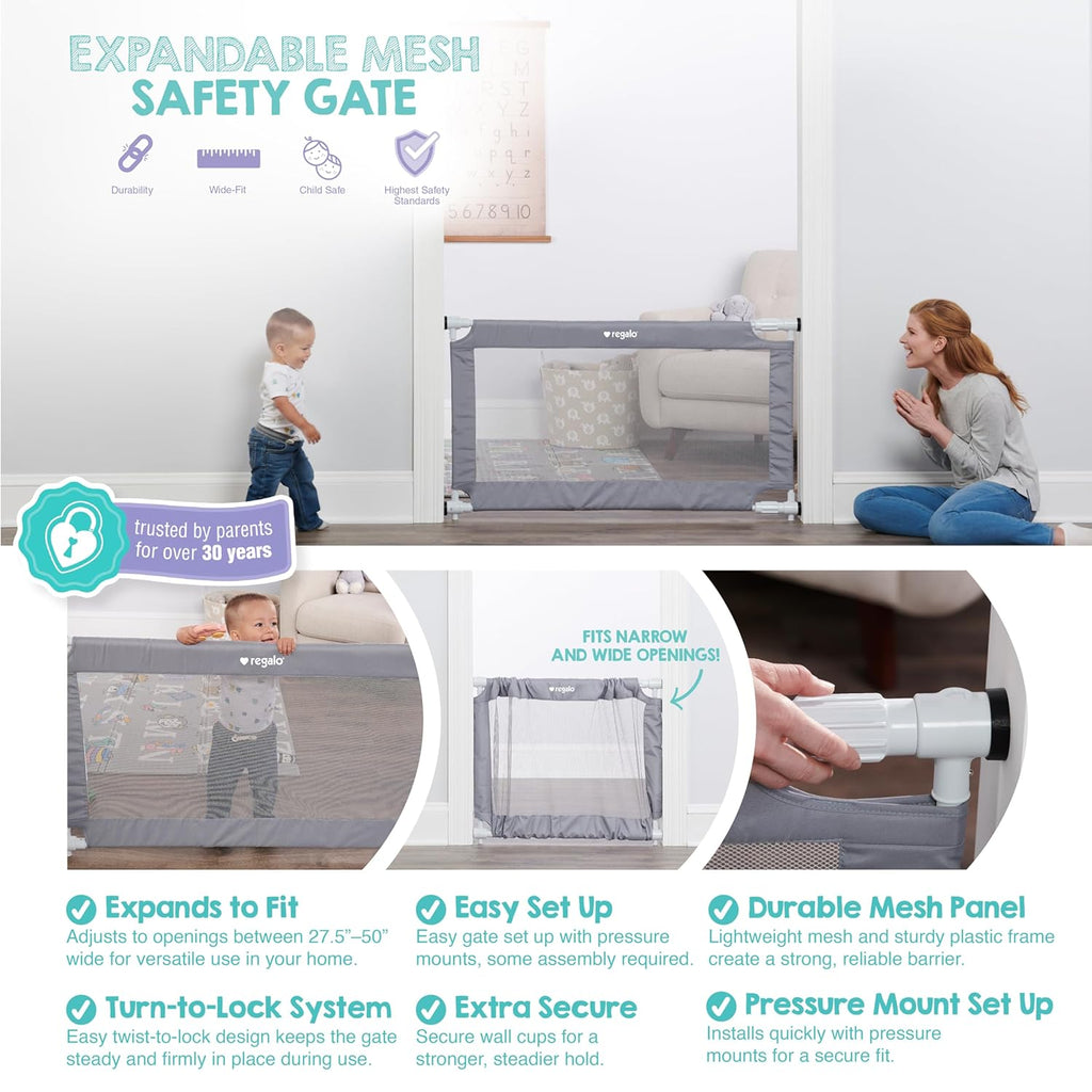Safety 27.5-50” Extra Wide Mesh Baby Gate for Doorways & Hallways, Expandable Pressure Mounted Baby Gate for Toddlers
