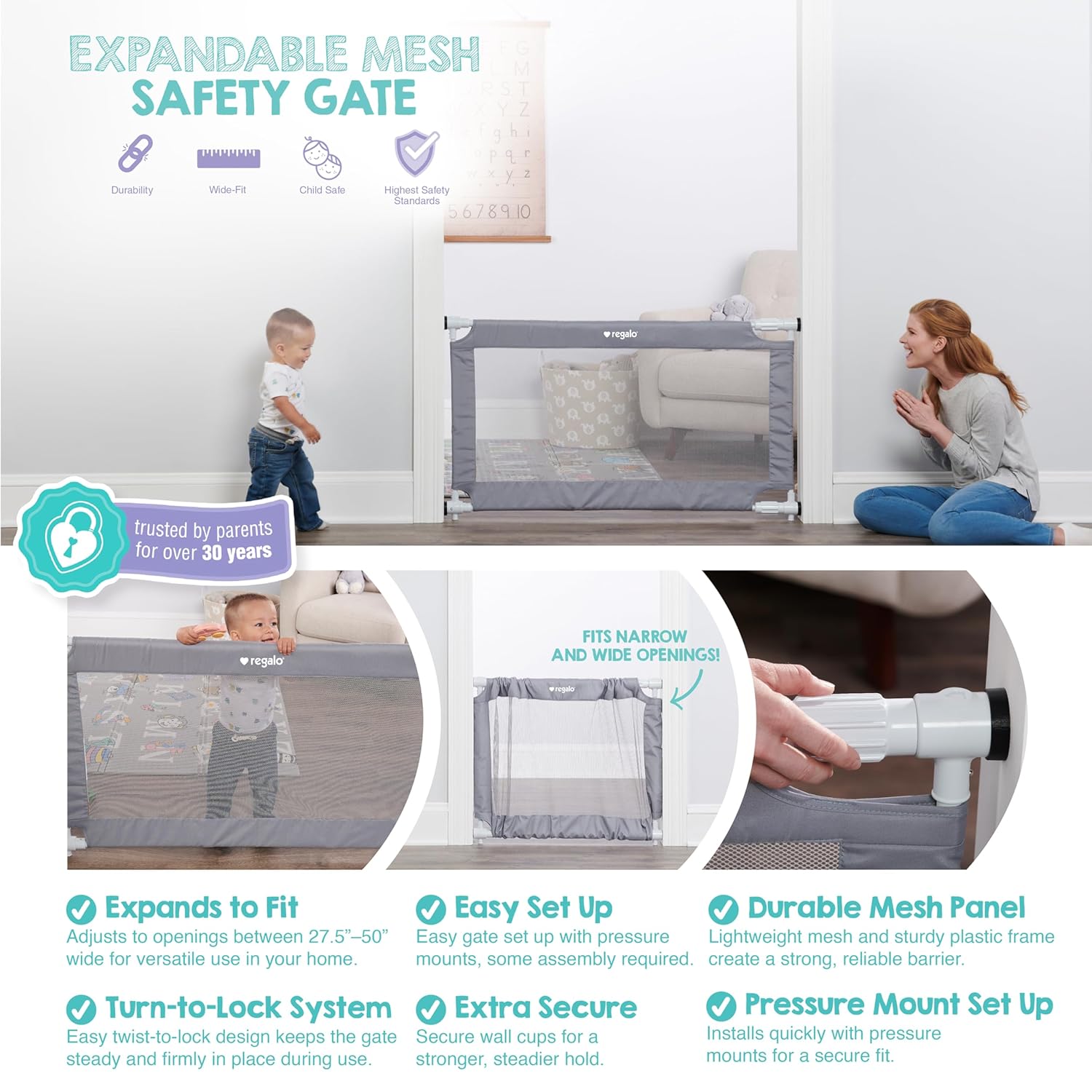 Safety 27.5-50” Extra Wide Mesh Baby Gate for Doorways & Hallways, Expandable Pressure Mounted Baby Gate for Toddlers