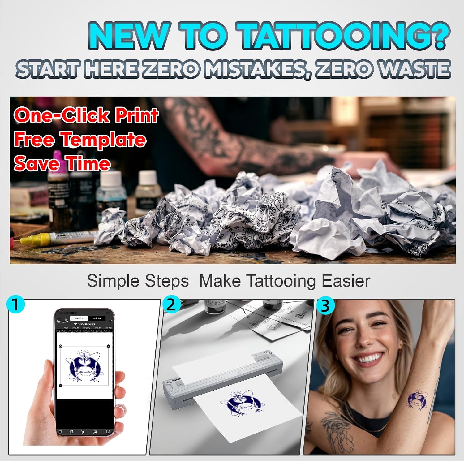 New Tattoo Stencil Printer - Wireless Bluetooth Thermal Kit with 10 Transfer Papers, Fits Custom-Size A4-A8 Width