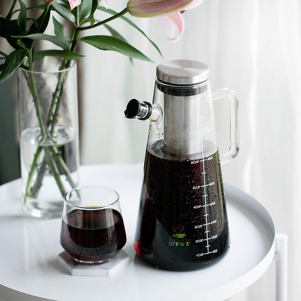 BTaT- Airtight Cold Brew Coffee Maker Pitcher, 2 Liter / 64 oz | Iced Tea Maker with Spout Brewing Glass Carafe
