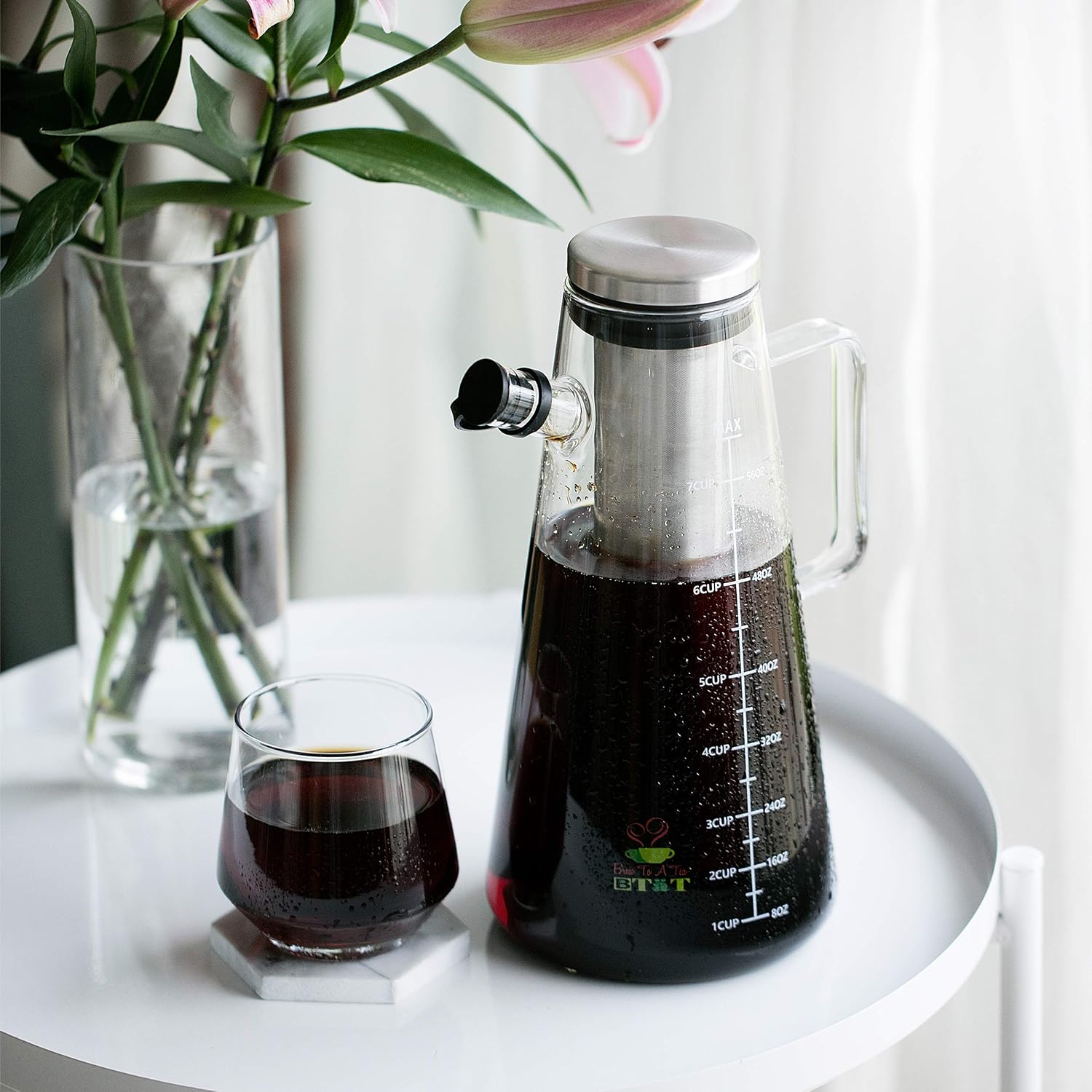 BTaT- Airtight Cold Brew Coffee Maker Pitcher, 2 Liter / 64 oz | Iced Tea Maker with Spout Brewing Glass Carafe