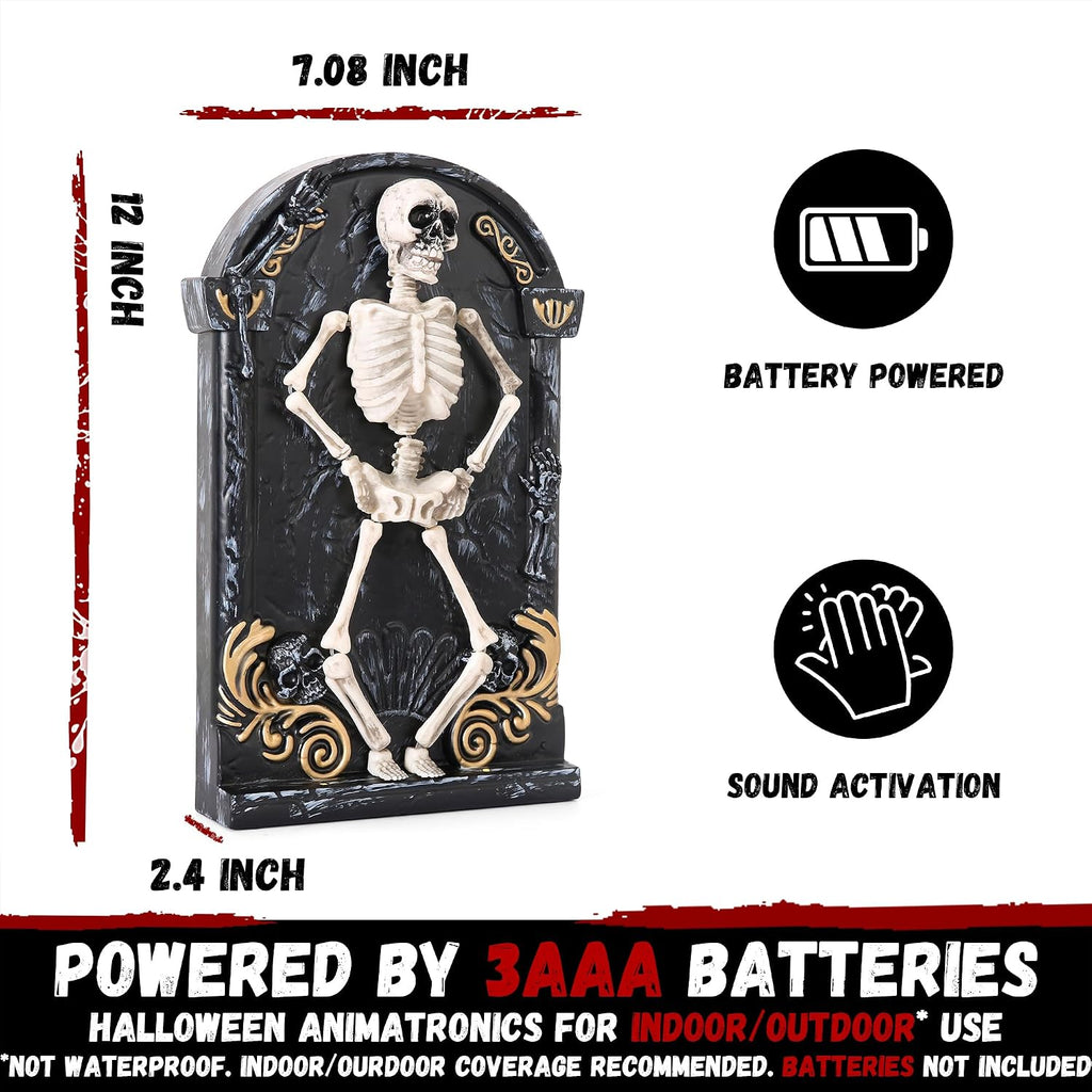 Halloween Decorations Animatronic Dancing Skeleton Built-in Tombstone with Music, Posable Arms & Legs Haunted House