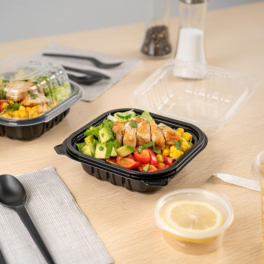 Thermo Tek 16 Ounce Clamshell Containers, 50 Disposable Take Out Boxes - Ventilated Lids, Microwavable, Black Plastic