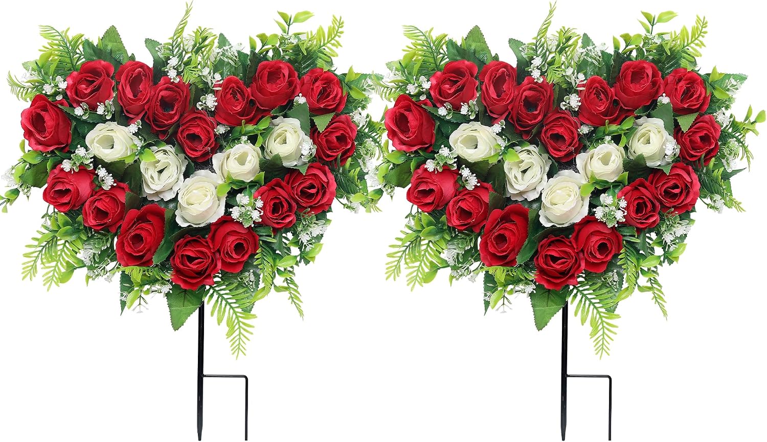 2 Sets Artificial Cemetery Flowers, Grave Memorial Flowers with Ground Spike,Heart Shaped Wreaths Rose Flowers for