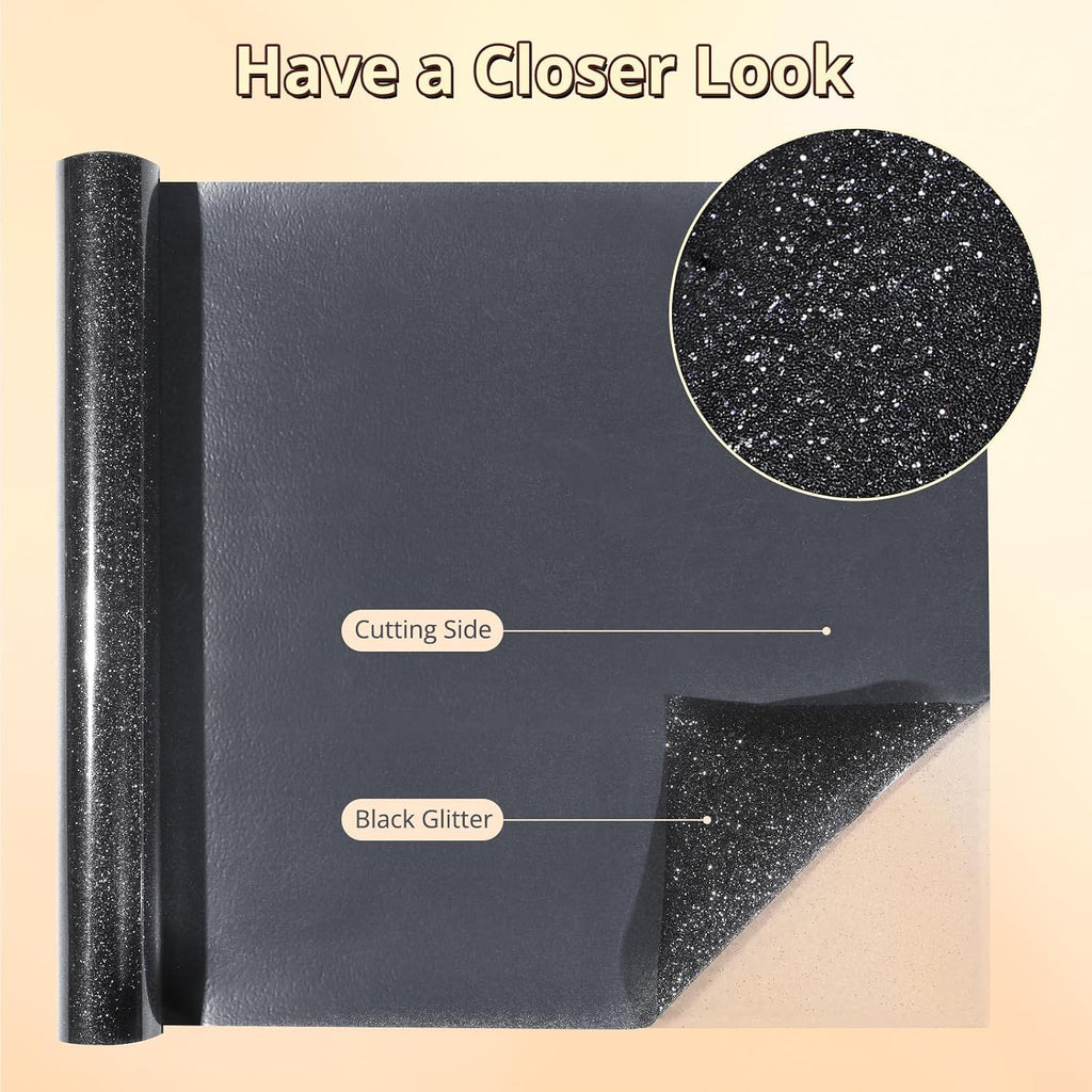 Black Glitter HTV Vinyl- 10” x 5ft Black Glitter Iron On Vinyl | Glitter HTV for All Cutting Machine, Glitter Heat