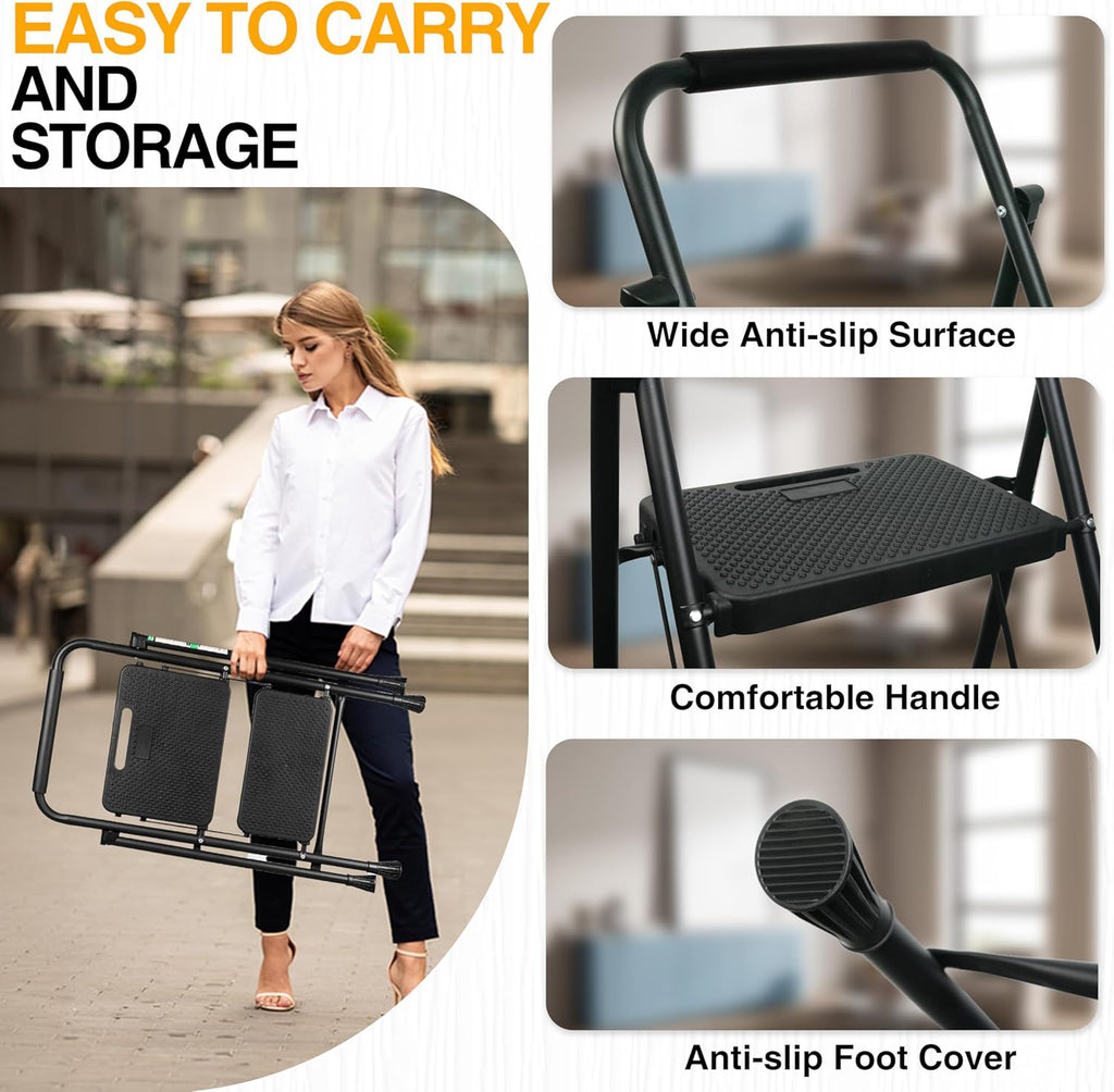 Step Ladder, Portable Steel Folding Step Stool with Wide Anti-Slip Pedal & Convenient Handgrip, Sturdy Steel Ladder