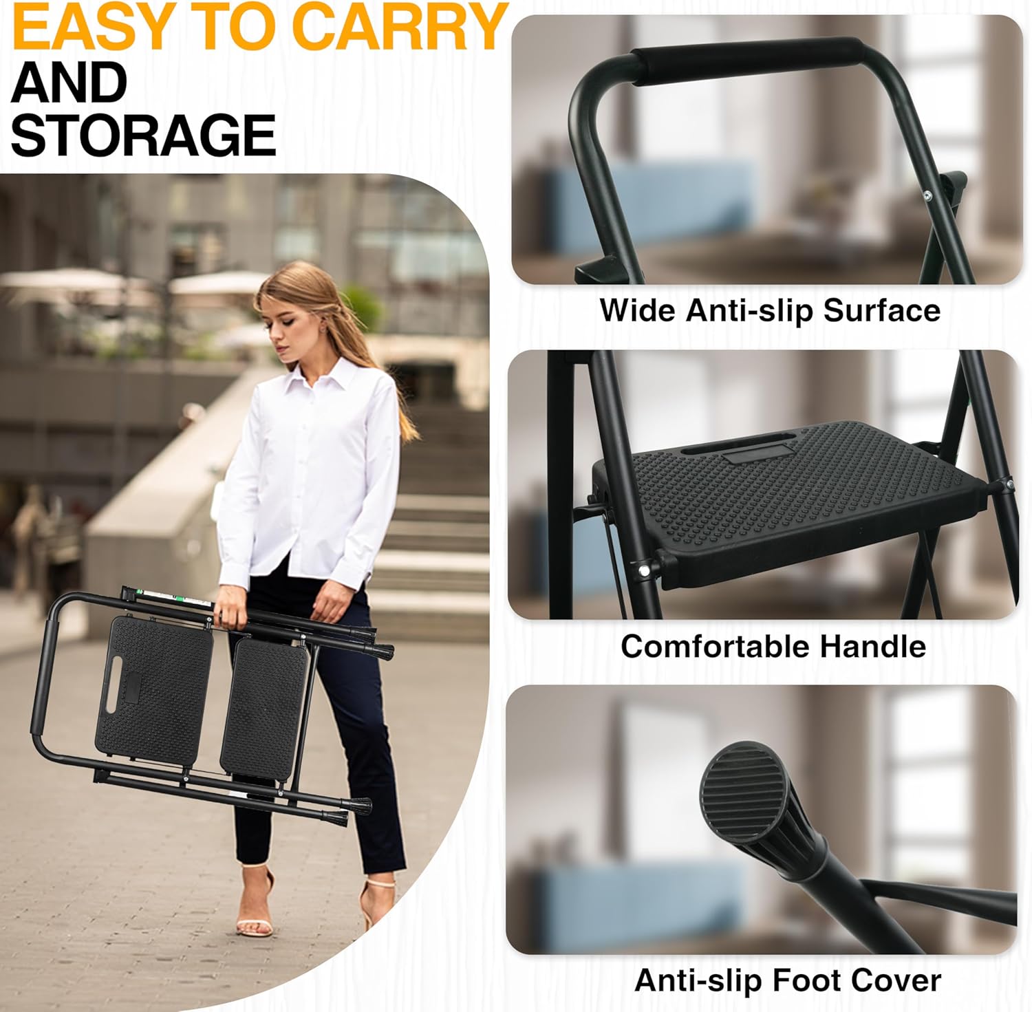 Step Ladder, Portable Steel Folding Step Stool with Wide Anti-Slip Pedal & Convenient Handgrip, Sturdy Steel Ladder