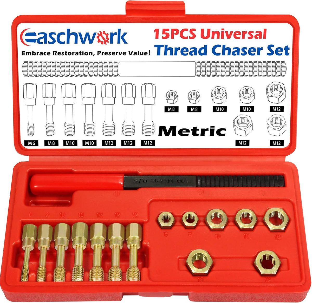 15PCS Metric Thread Chaser Set Master Thread Rethreading Kit With Case
