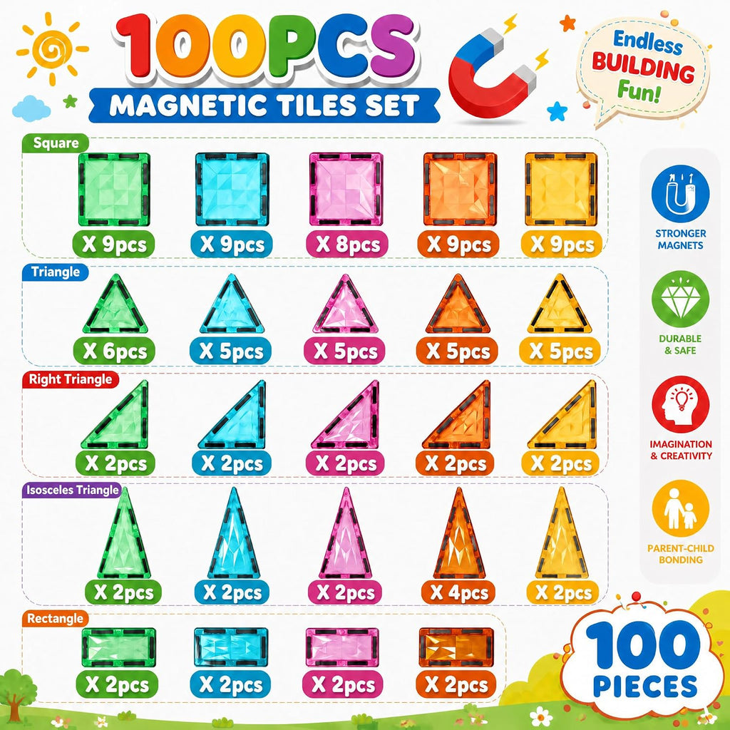 Magnetic Tiles for Kids, STEM Building Magnetic Blocks, 100-Piece