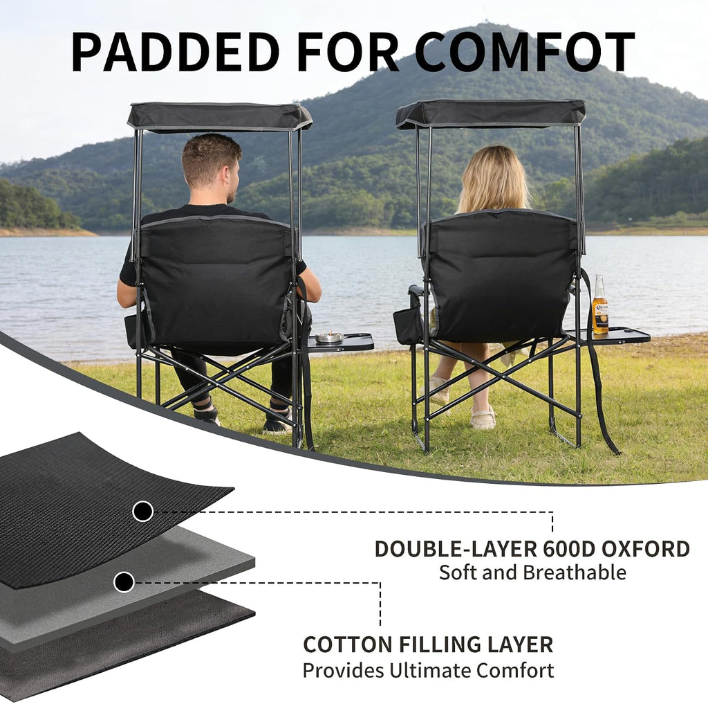 Oversized Camping Chairs with Canopy Foldable Directors Chair with Side Table & Pockets Portable Adults Heavy Duty