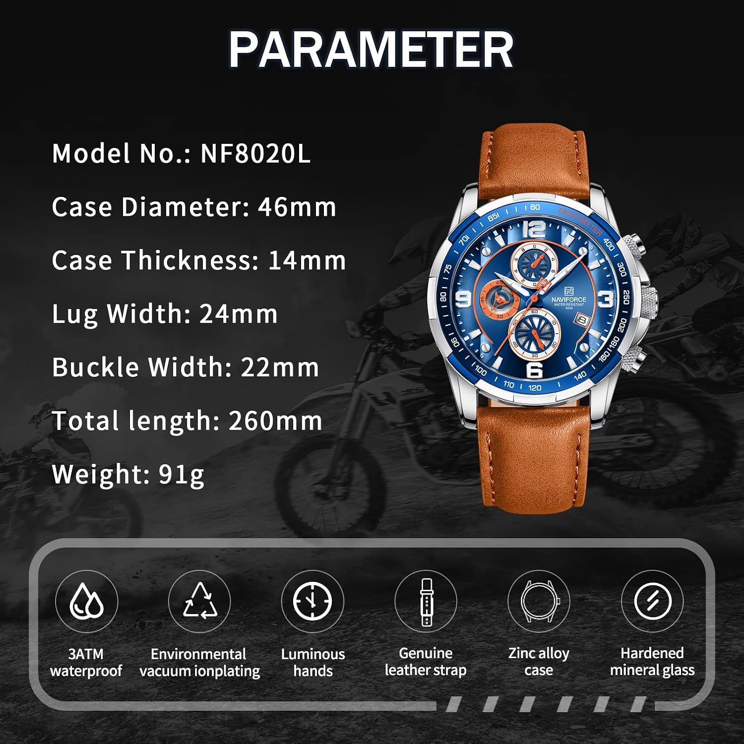 Sport Watches for Men Analog Quartz Chronograph Leather Strap Wrist Watch