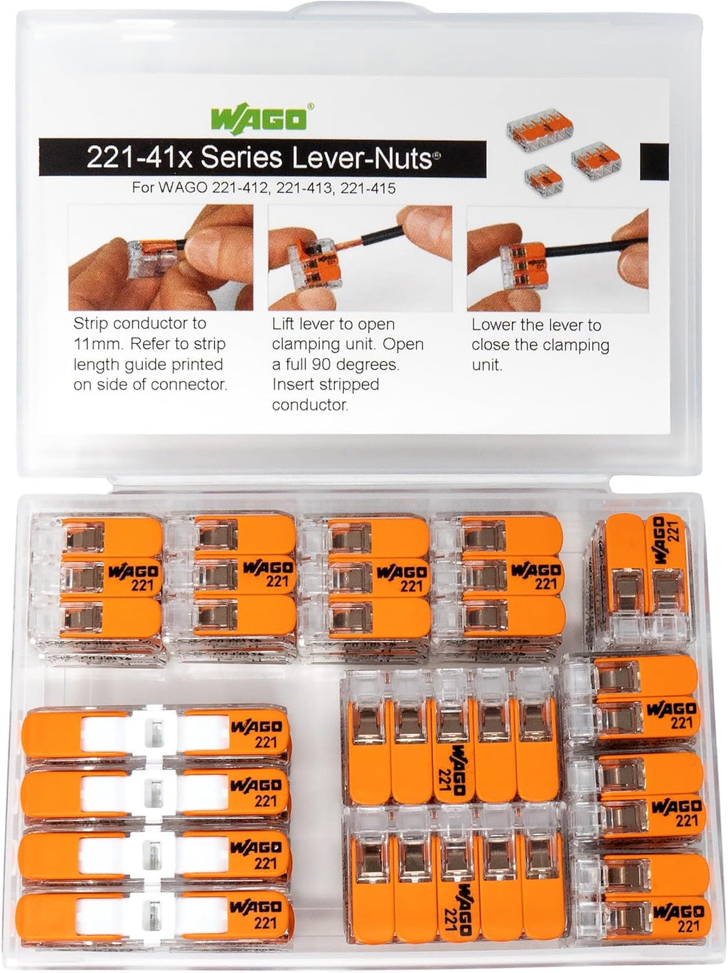 WAGO 221 Lever Nuts 28pc Compact Splicing Wire Connector Assortment with Case | Includes 221-2401, 221-412, 221-413
