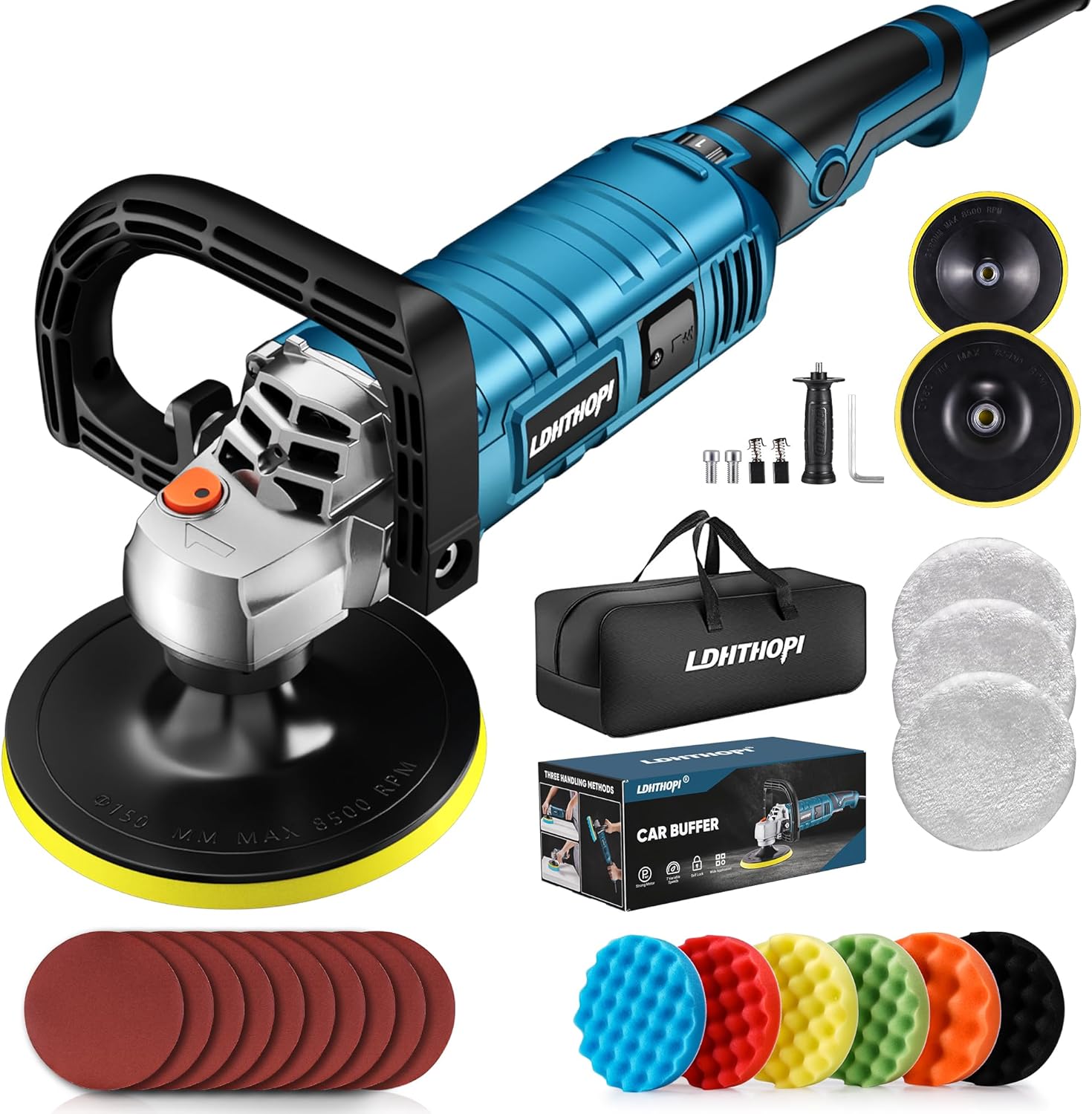 Buffer Polisher, 1600W 7 Inch/6 Inch Rotary Buffer Polisher Waxer, 7 Variable Speed 1000-3500 RPM, Detachable Handle